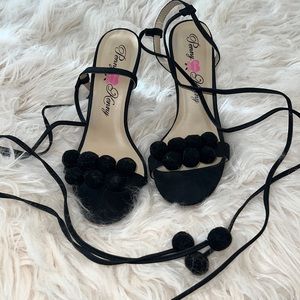 Pom Pom Tie Up Heels, Size 8